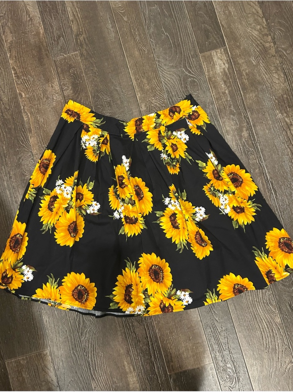 Sunflower-Print Black A-Line Skirt